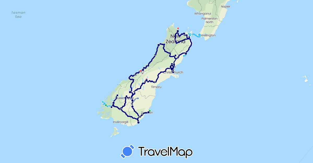 TravelMap itinerary: driving, bus, plane, cycling, hiking, boat in New Zealand (Oceania)