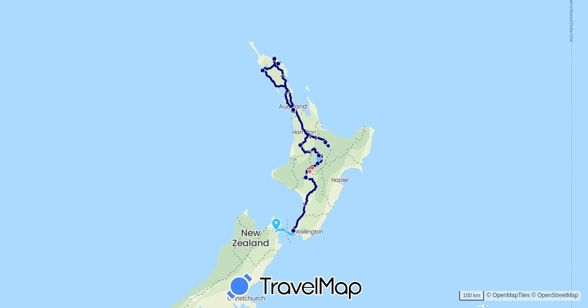 TravelMap itinerary: driving, cycling, hiking, boat in New Zealand (Oceania)